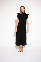 Front view with white background of High-Neck Ruffle Sleeve Maxi Dress – Black.