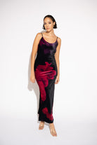 Silky Soft Velvet Floral Maxi Dress – Black and Red, Front View