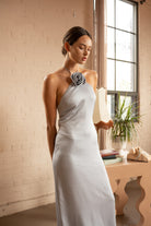 Front view of Floral Halter Neck Satin Maxi Dress – Silver by Aisl.