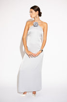 Alternate front view of Floral Halter Neck Satin Maxi Dress – Silver.