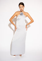 Front view with white background of Floral Halter Neck Satin Maxi Dress – Silver by Aisl.