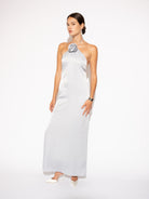 Alternate front view of Floral Halter Neck Satin Maxi Dress – Silver by Aisl.