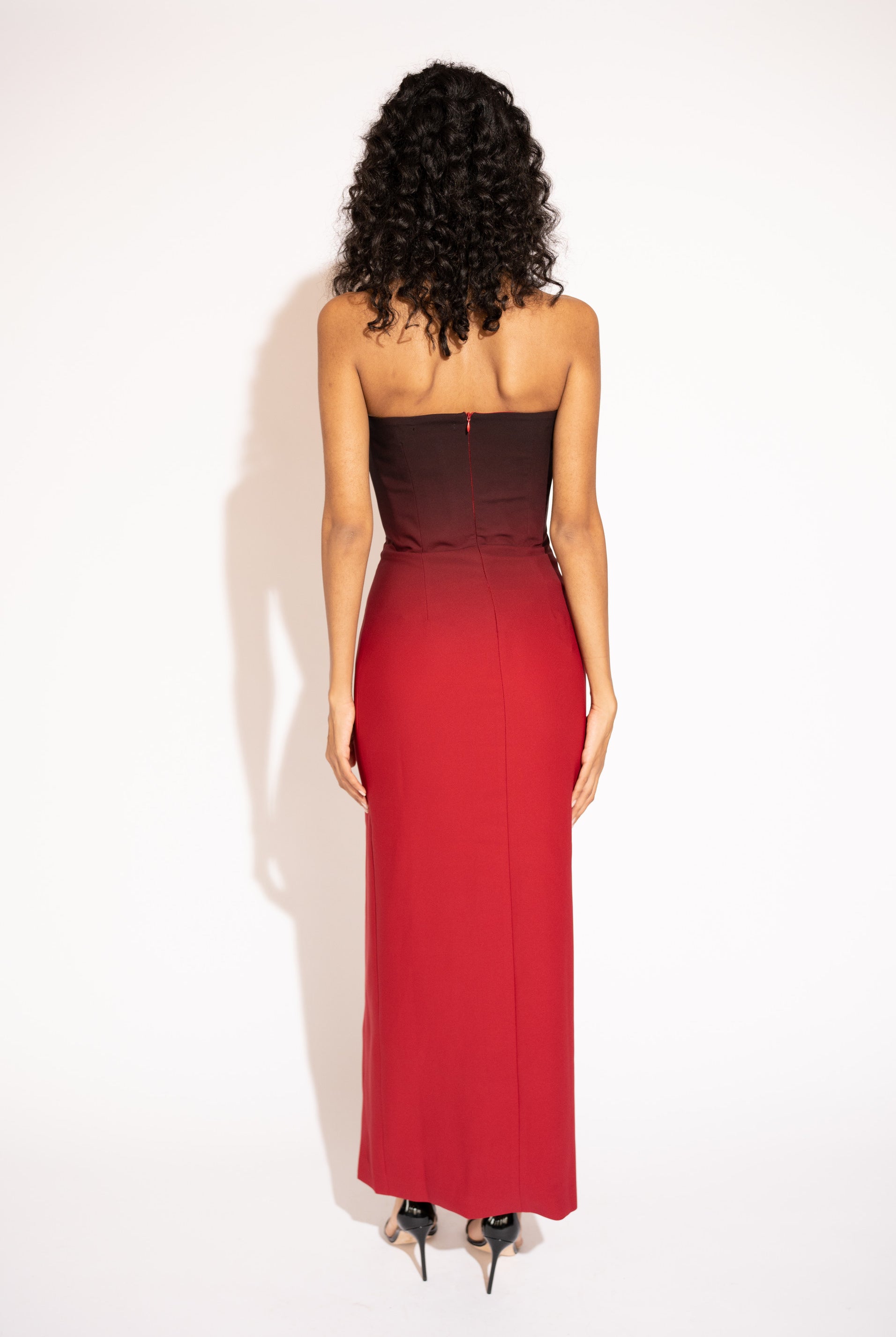 Strapless Ombré Maxi Dress – Black to Red, Back View