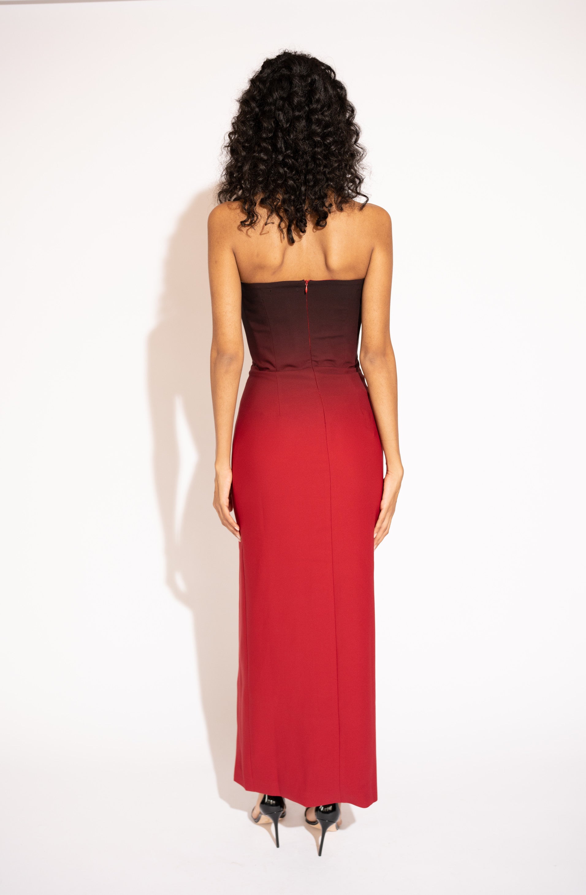 Strapless Ombré Maxi Dress – Black to Red, Back View