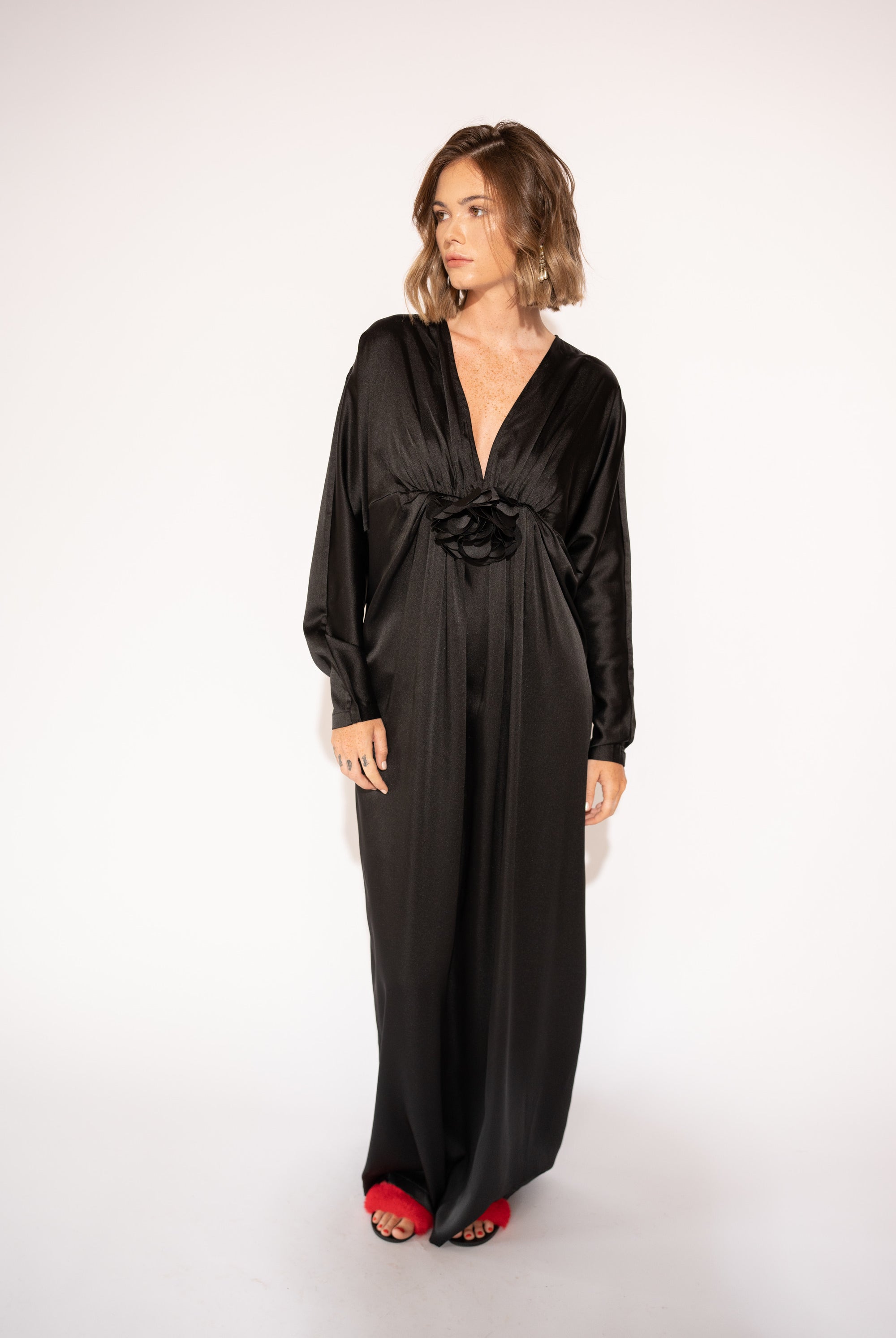 Front view with white background of Floral Detail Satin Twill Maxi Dress – Black by Aisl.