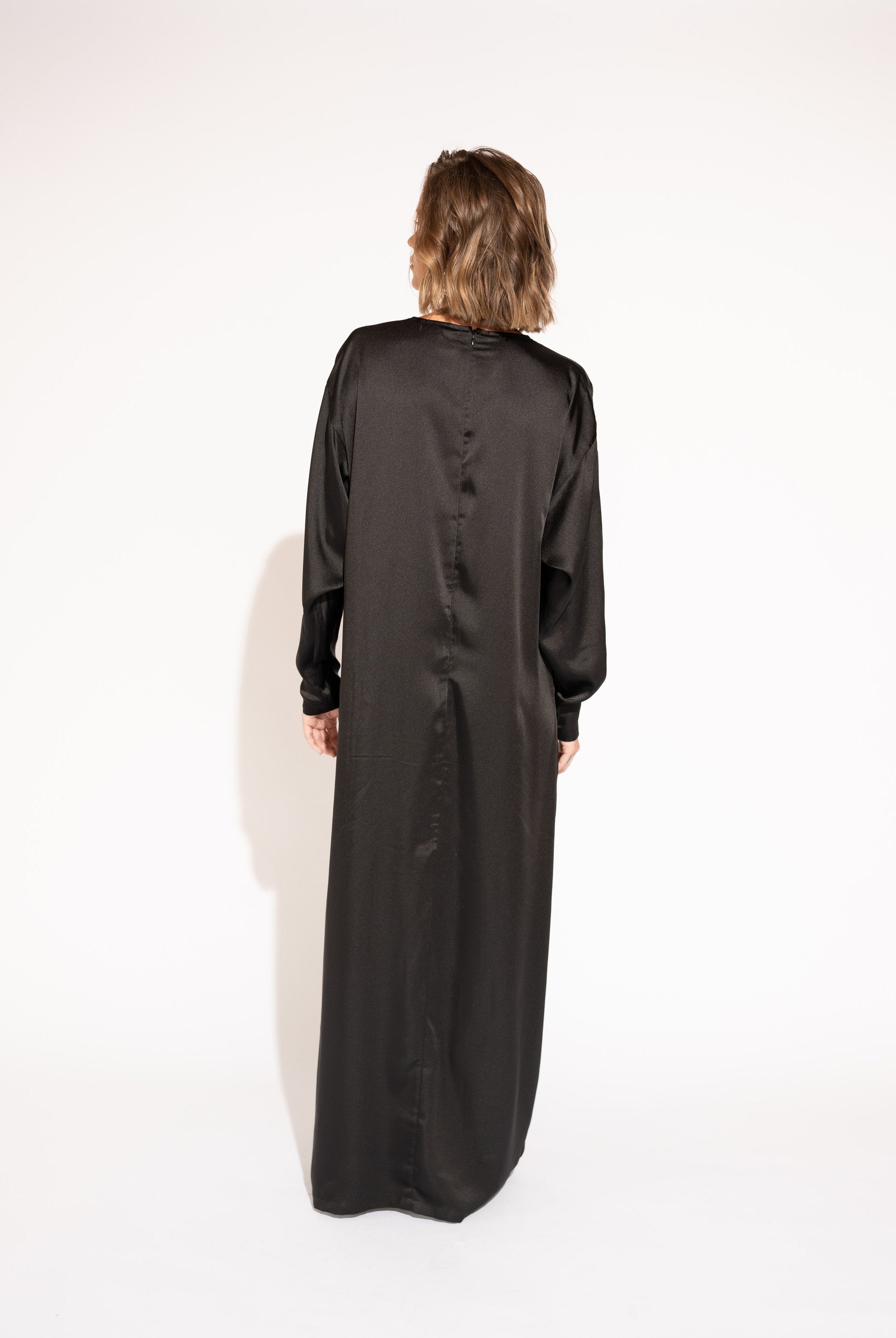 Back view of Floral Detail Satin Twill Maxi Dress – Black by Aisl.