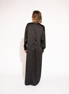 Back view of Floral Detail Satin Twill Maxi Dress – Black by Aisl.