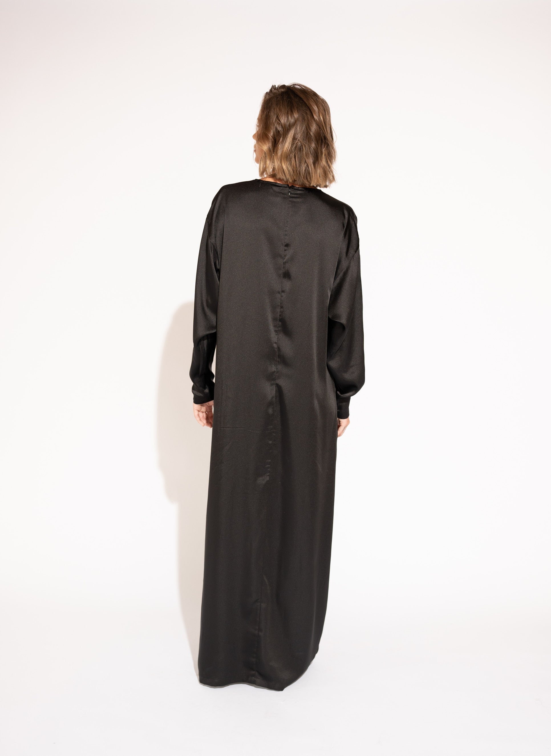 Back view of Floral Detail Satin Twill Maxi Dress – Black by Aisl.