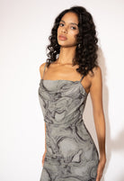 Close-up front view of Flowy Printed Maxi Dress with Spaghetti Straps – Marble Grey.