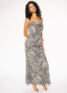 Alternate front view of Flowy Printed Maxi Dress with Spaghetti Straps – Marble Grey.