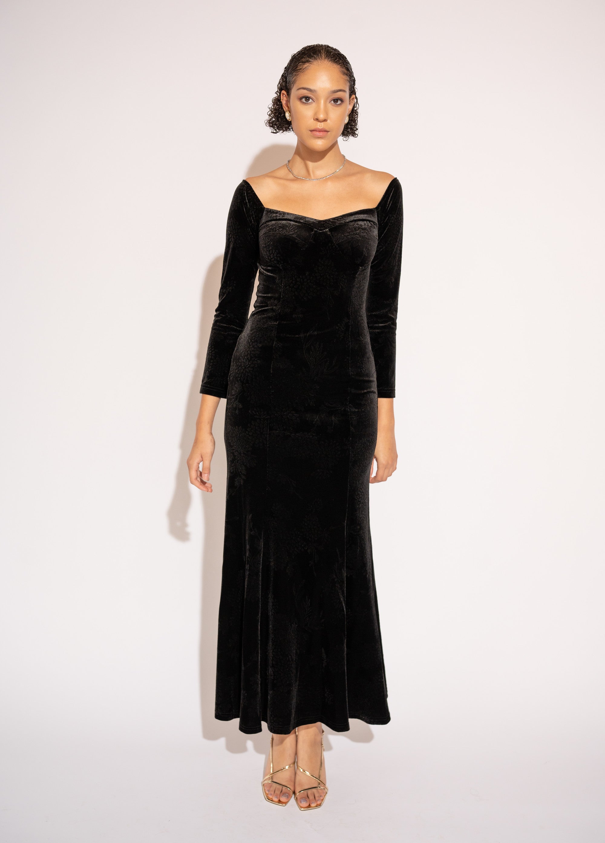 Off-Shoulder Velvet Jacquard Maxi Dress – Black, Front View