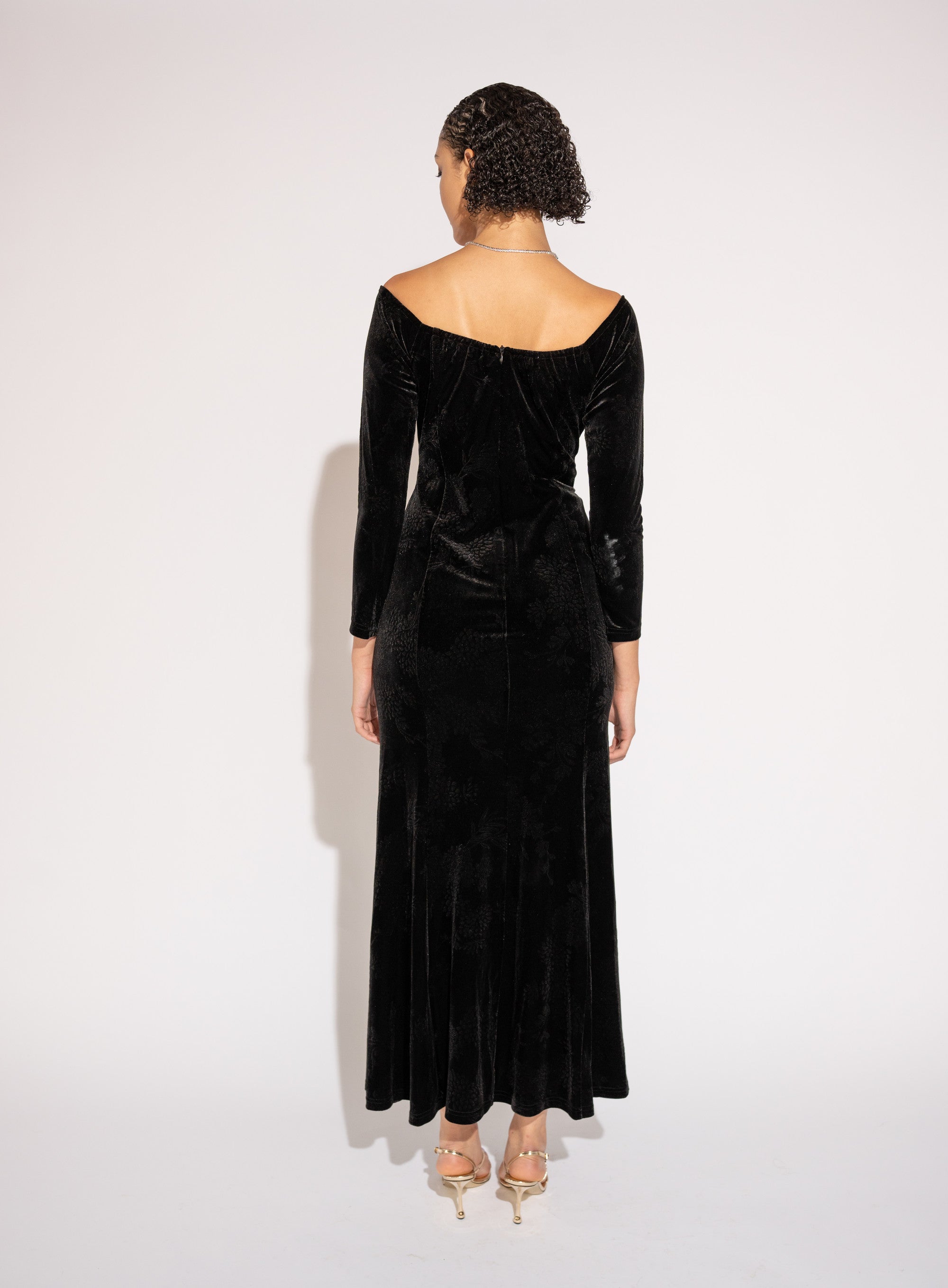Off-Shoulder Velvet Jacquard Maxi Dress – Black, White Background