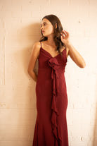 Ruffled Maxi Dress with Draped Bodice – Garnet, Front View - Alt