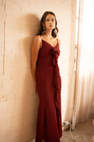 Ruffled Maxi Dress with Draped Bodice – Garnet, Front View - Alt 2