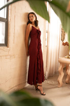 Ruffled Maxi Dress with Draped Bodice – Garnet