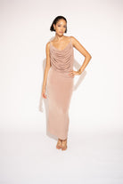 Front view with white background of model wearing Flowy Draped Cowl Neck Maxi Dress with Double Layer – Blush.
