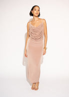 Front view with white background of Flowy Draped Cowl Neck Maxi Dress with Double Layer – Blush by Aisl.