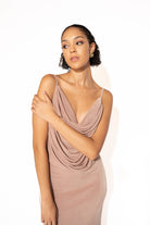 Close-up of Flowy Draped Cowl Neck Maxi Dress with Double Layer – Blush.
