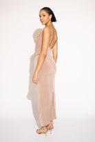 Side view of Flowy Draped Cowl Neck Maxi Dress with Double Layer – Blush.