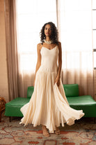 Pearl Chiffon Maxi Dress with Gathered Skirt – White
