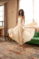 Pearl Chiffon Maxi Dress with Gathered Skirt – White, Front View - Alt