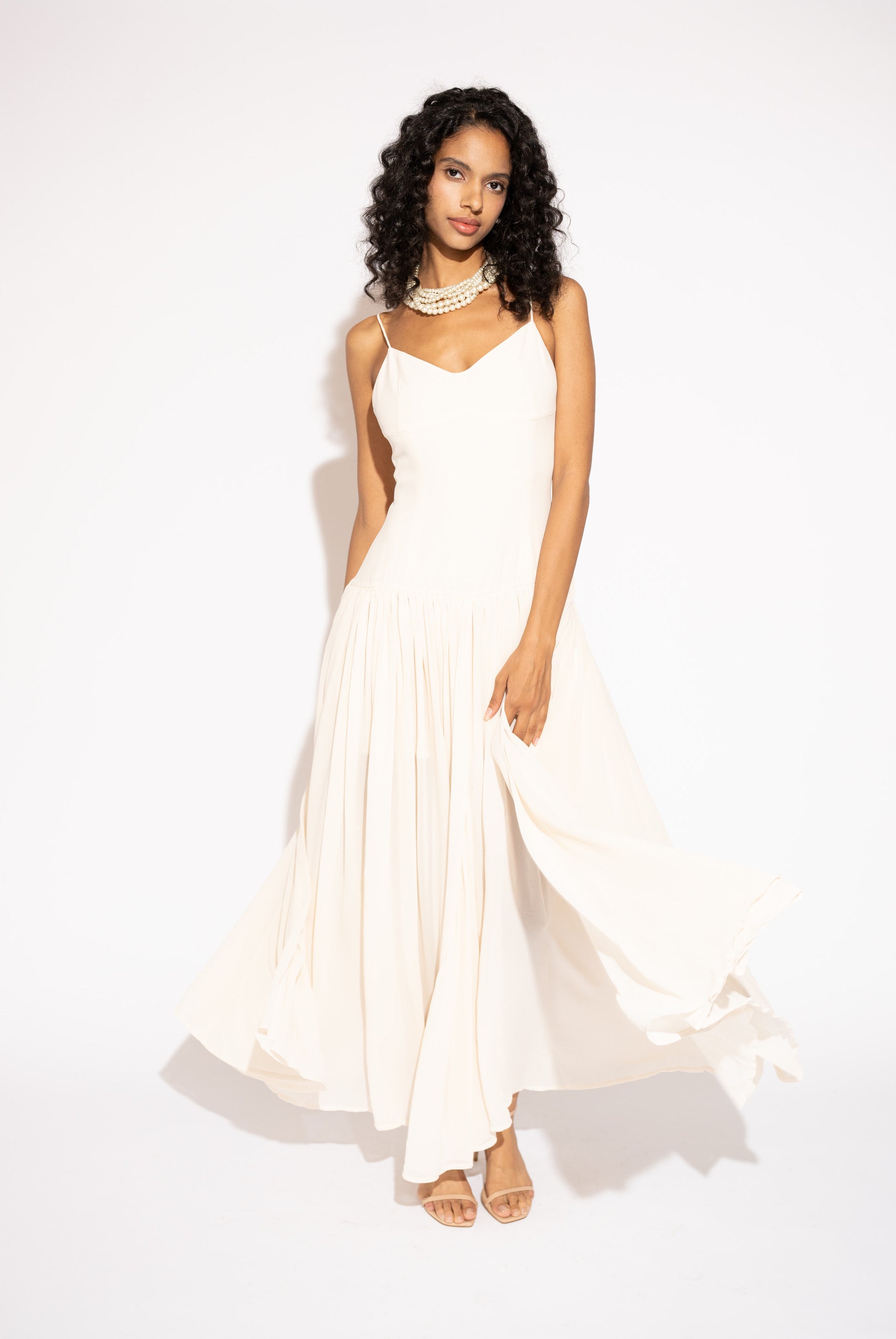Pearl Chiffon Maxi Dress with Gathered Skirt – White, Front View