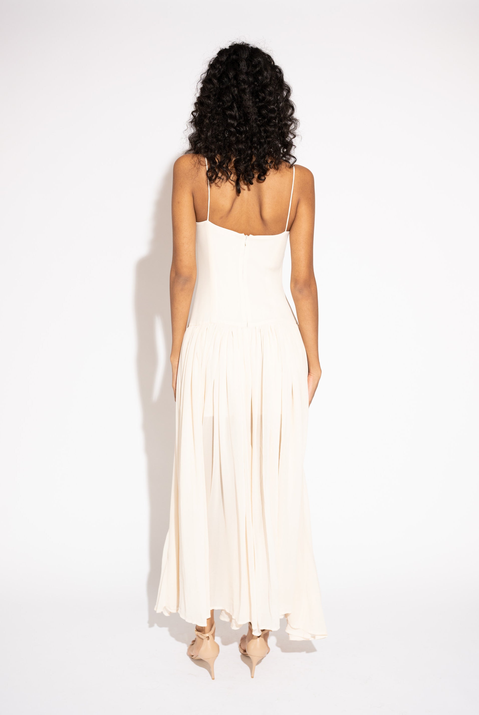 Pearl Chiffon Maxi Dress with Gathered Skirt – White, Back View