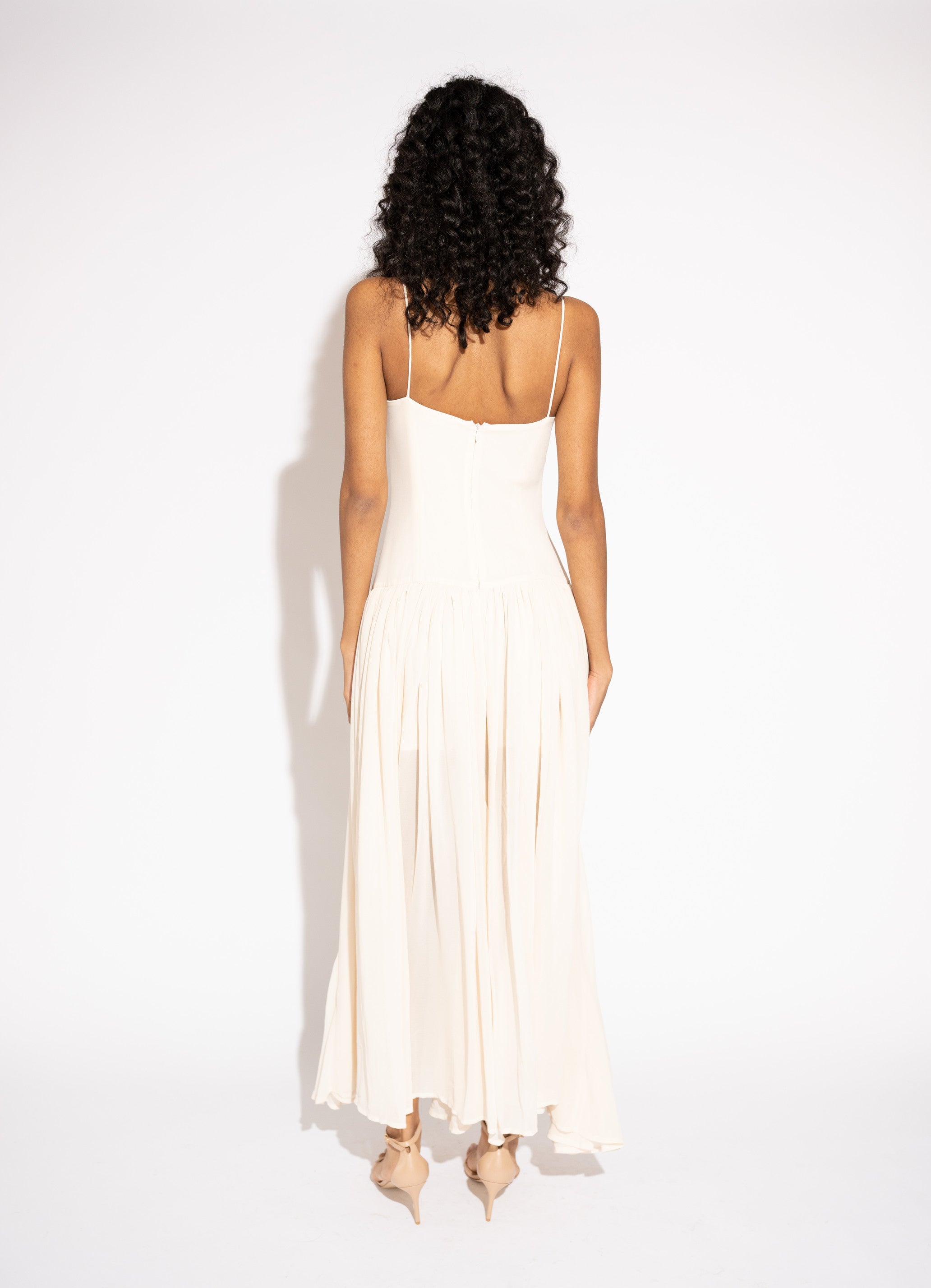 Pearl Chiffon Maxi Dress with Gathered Skirt – White, Back View