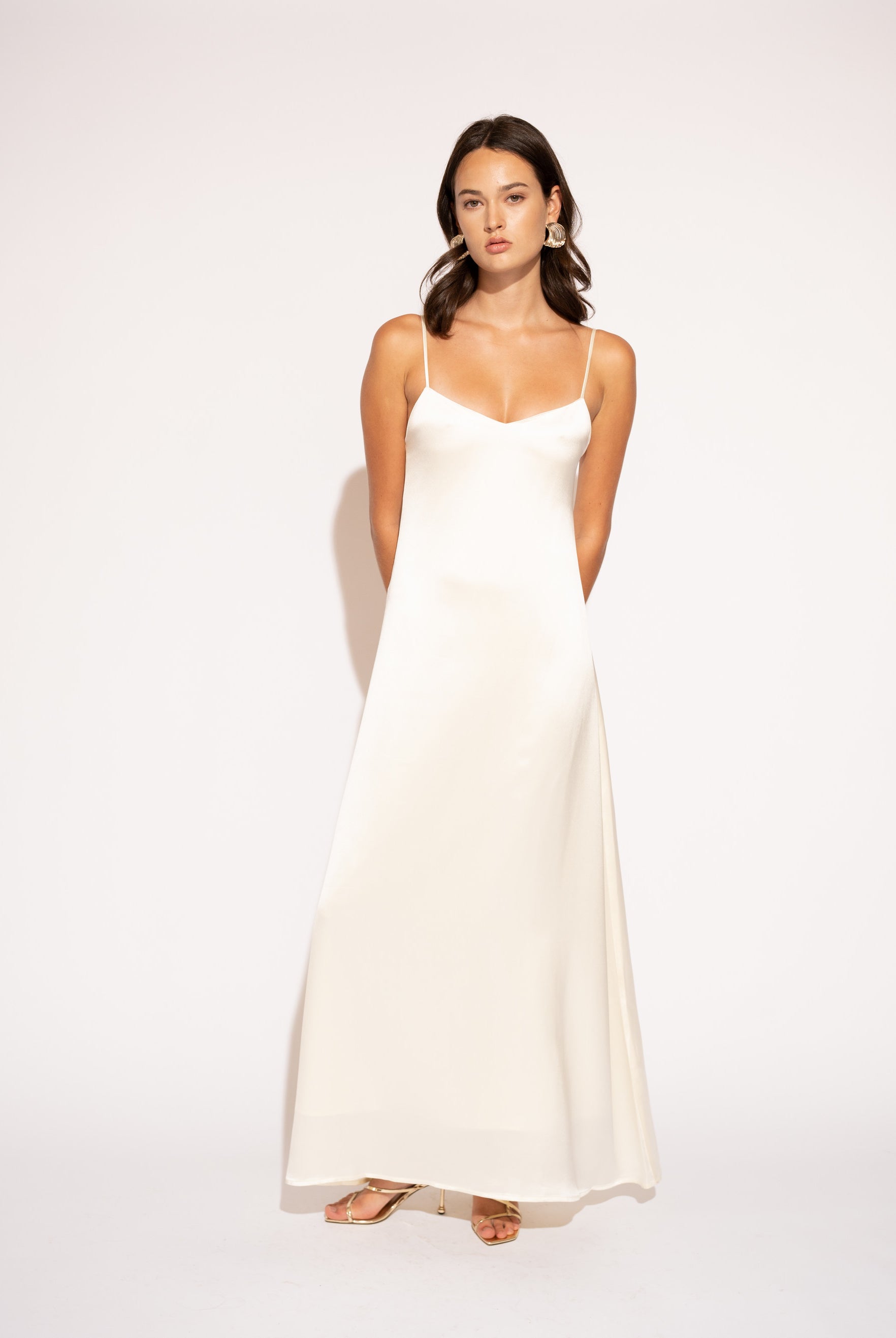 Spaghetti Strap Satin Maxi Dress – Ivory, Front View