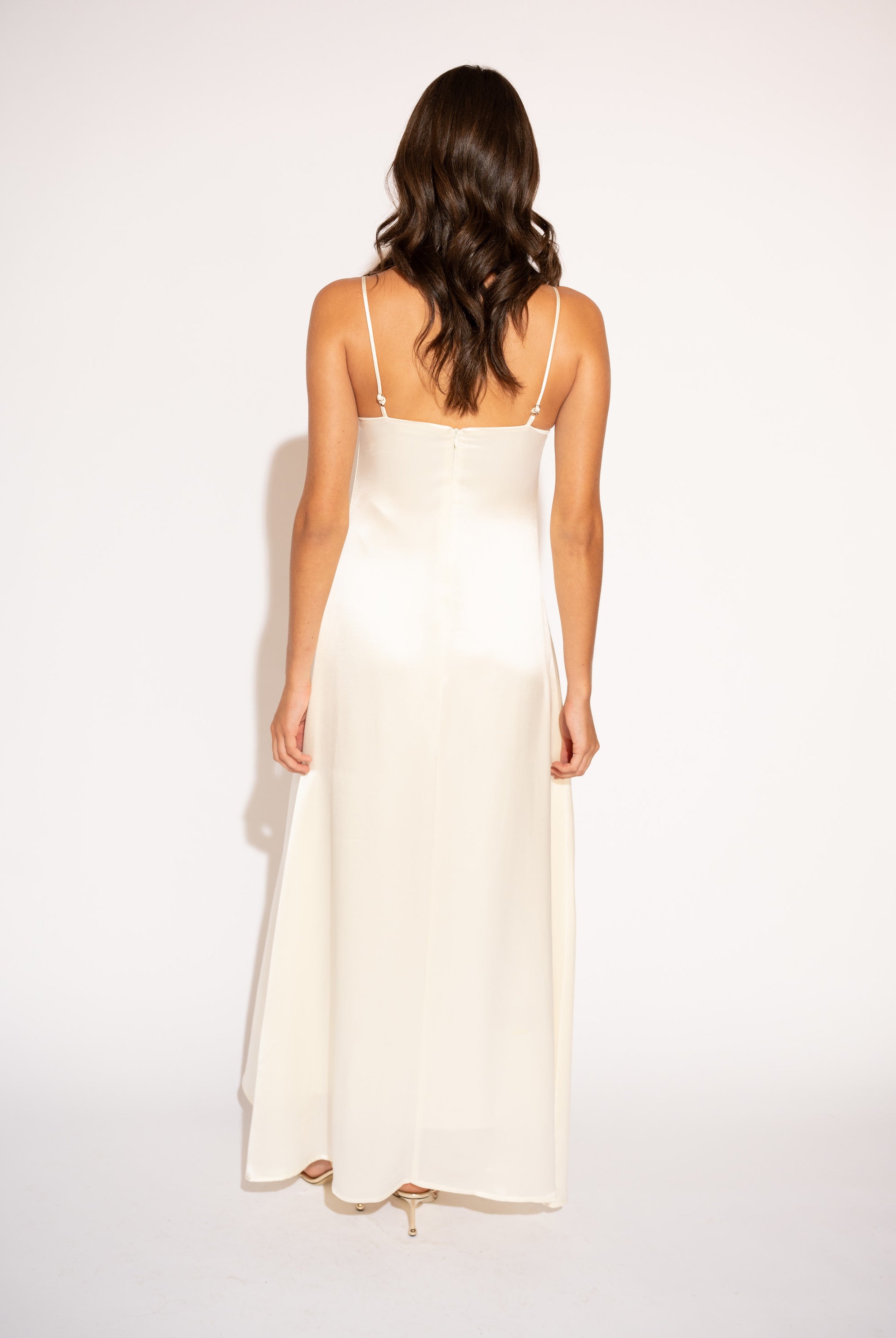 Spaghetti Strap Satin Maxi Dress – Ivory, Back View 2