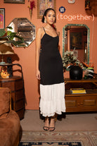 Patchwork Black and White Maxi Dress with Ruffled Hem