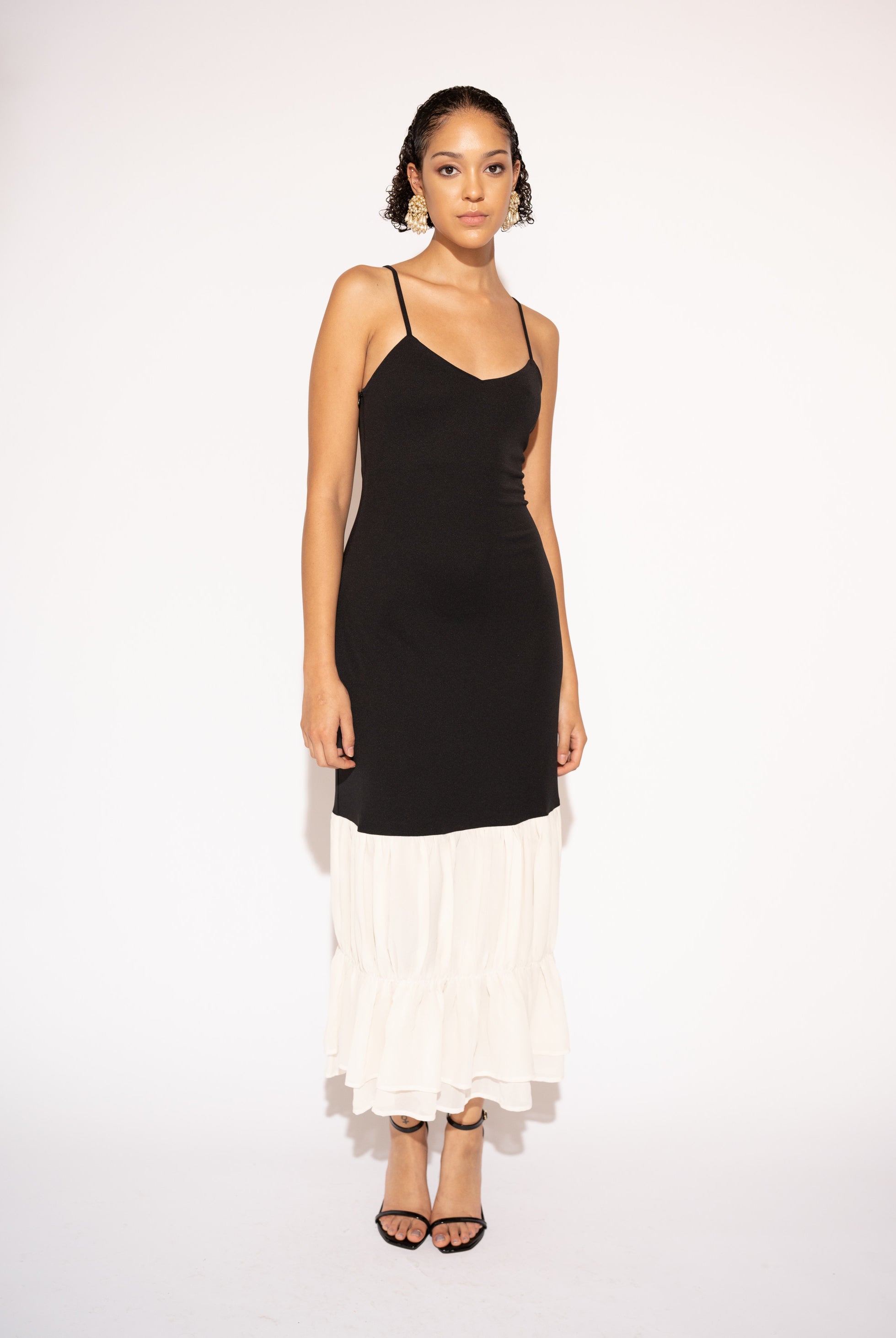 Patchwork Black and White Maxi Dress with Ruffled Hem, Front View
