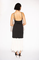Patchwork Black and White Maxi Dress with Ruffled Hem, Back View