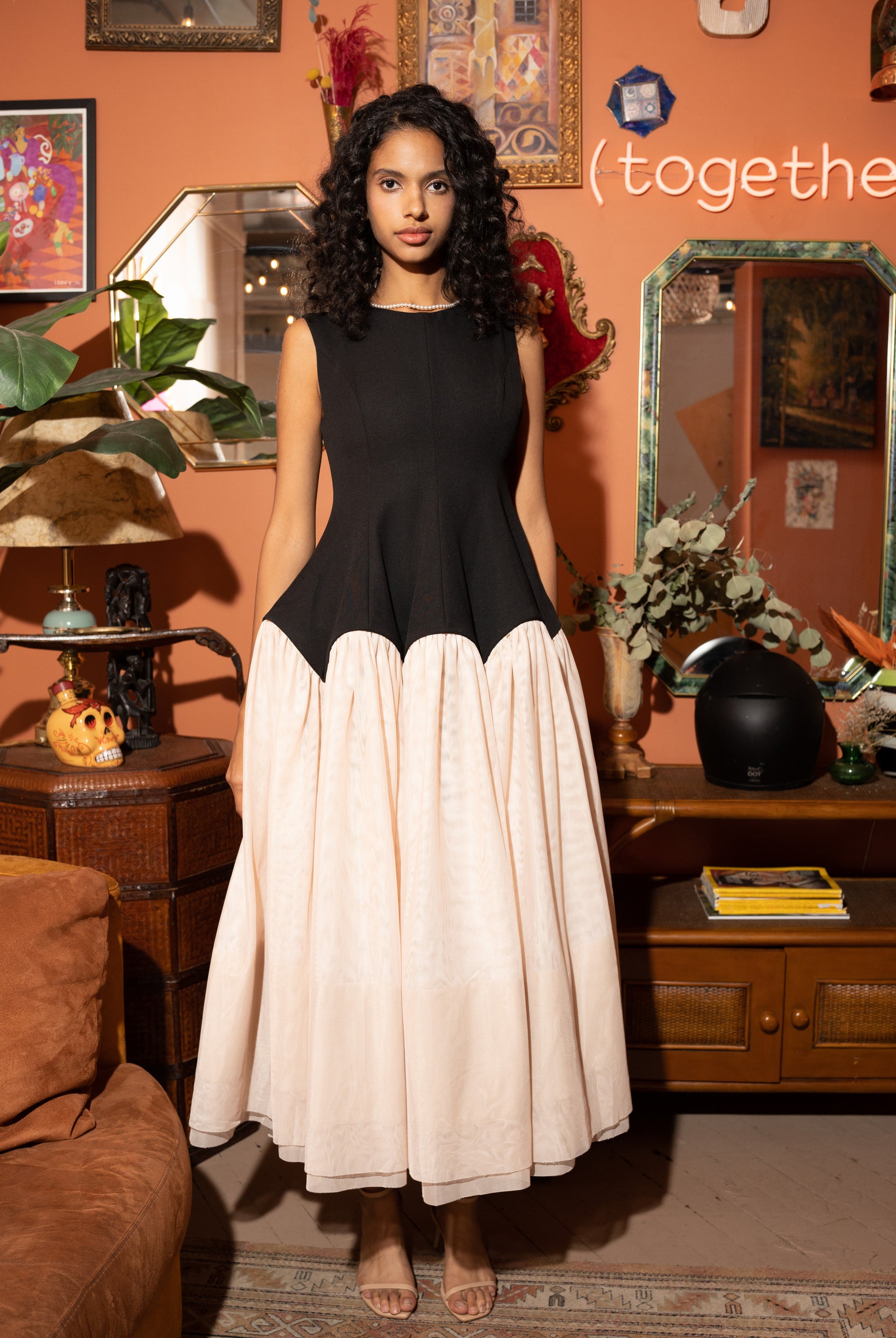 Two-Tone Long Maxi Dress with Double Layer Skirt – Black and Blush