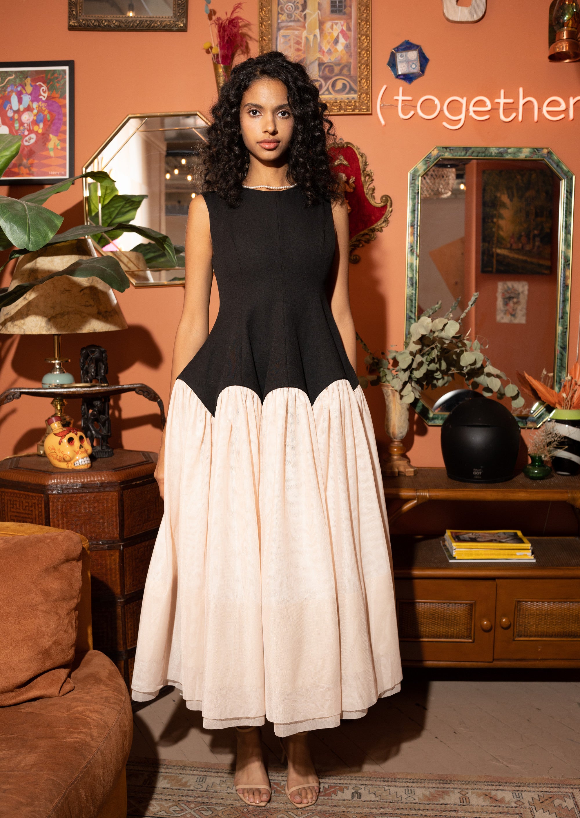 Two-Tone Long Maxi Dress with Double Layer Skirt – Black and Blush