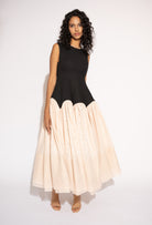 Two-Tone Long Maxi Dress with Double Layer Skirt – Black and Blush, Front View