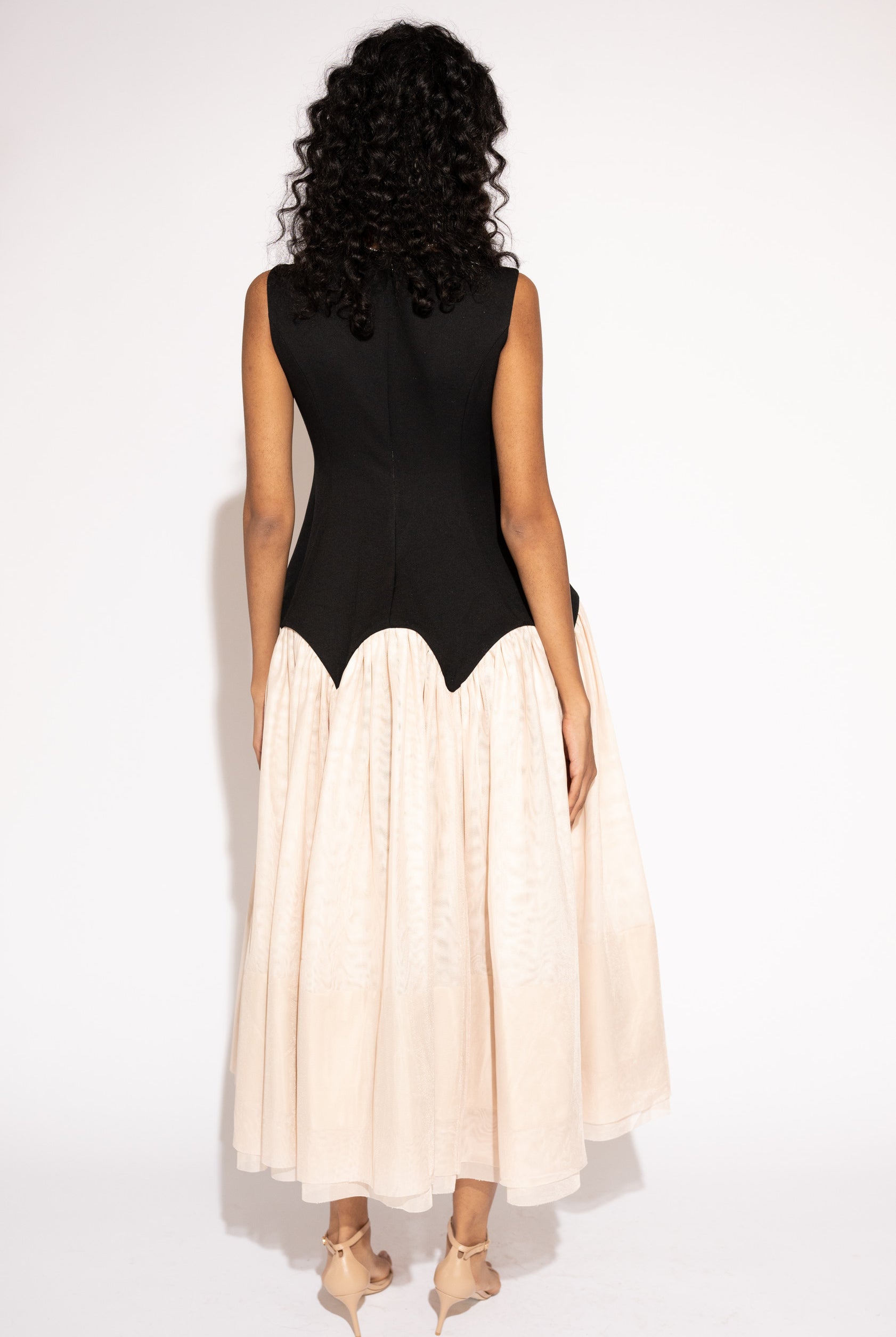 Two-Tone Long Maxi Dress with Double Layer Skirt – Black and Blush, Back View