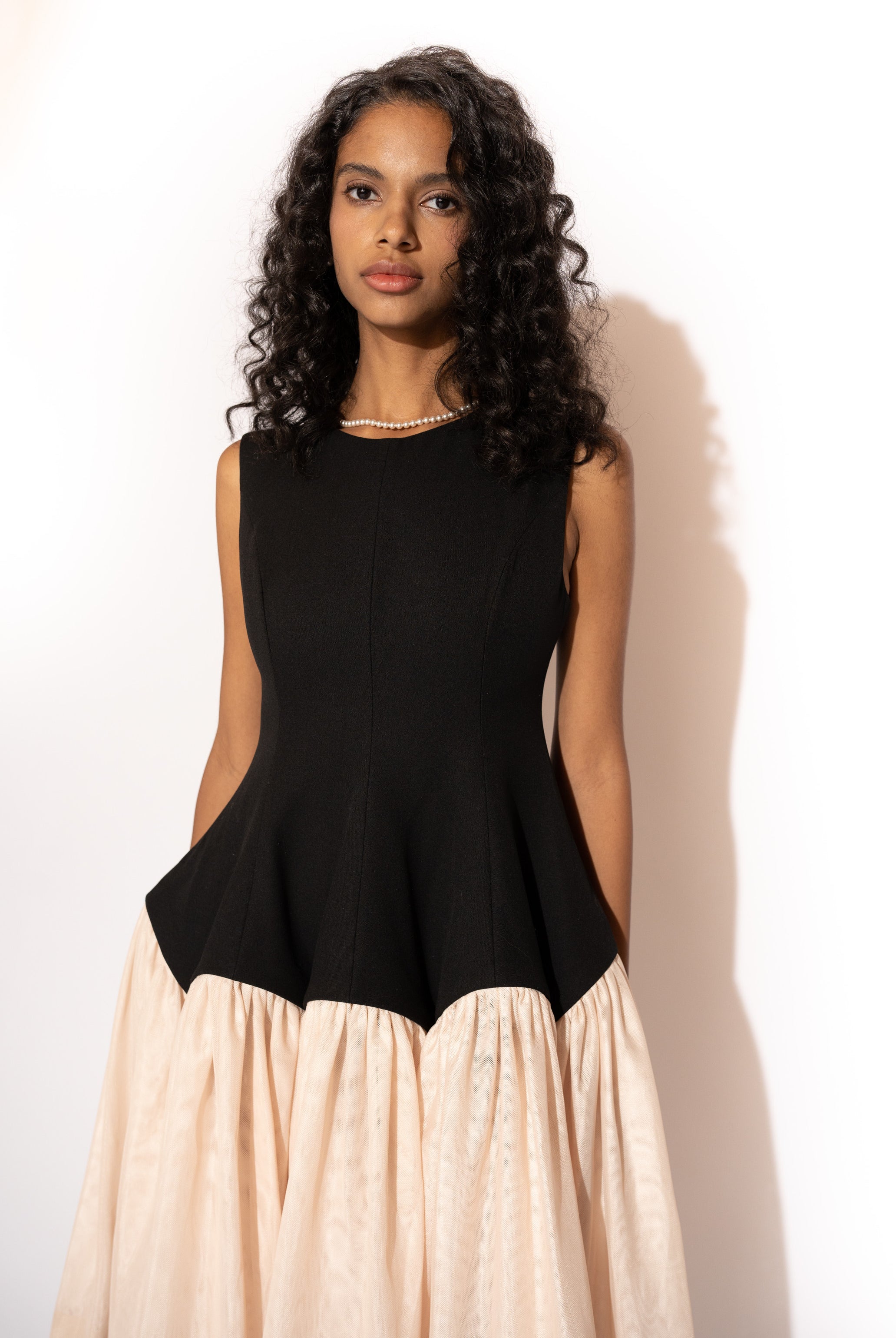 Two-Tone Long Maxi Dress with Double Layer Skirt – Black and Blush, Front View 2