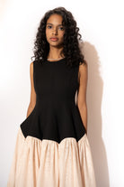 Two-Tone Long Maxi Dress with Double Layer Skirt – Black and Blush, Front View 2