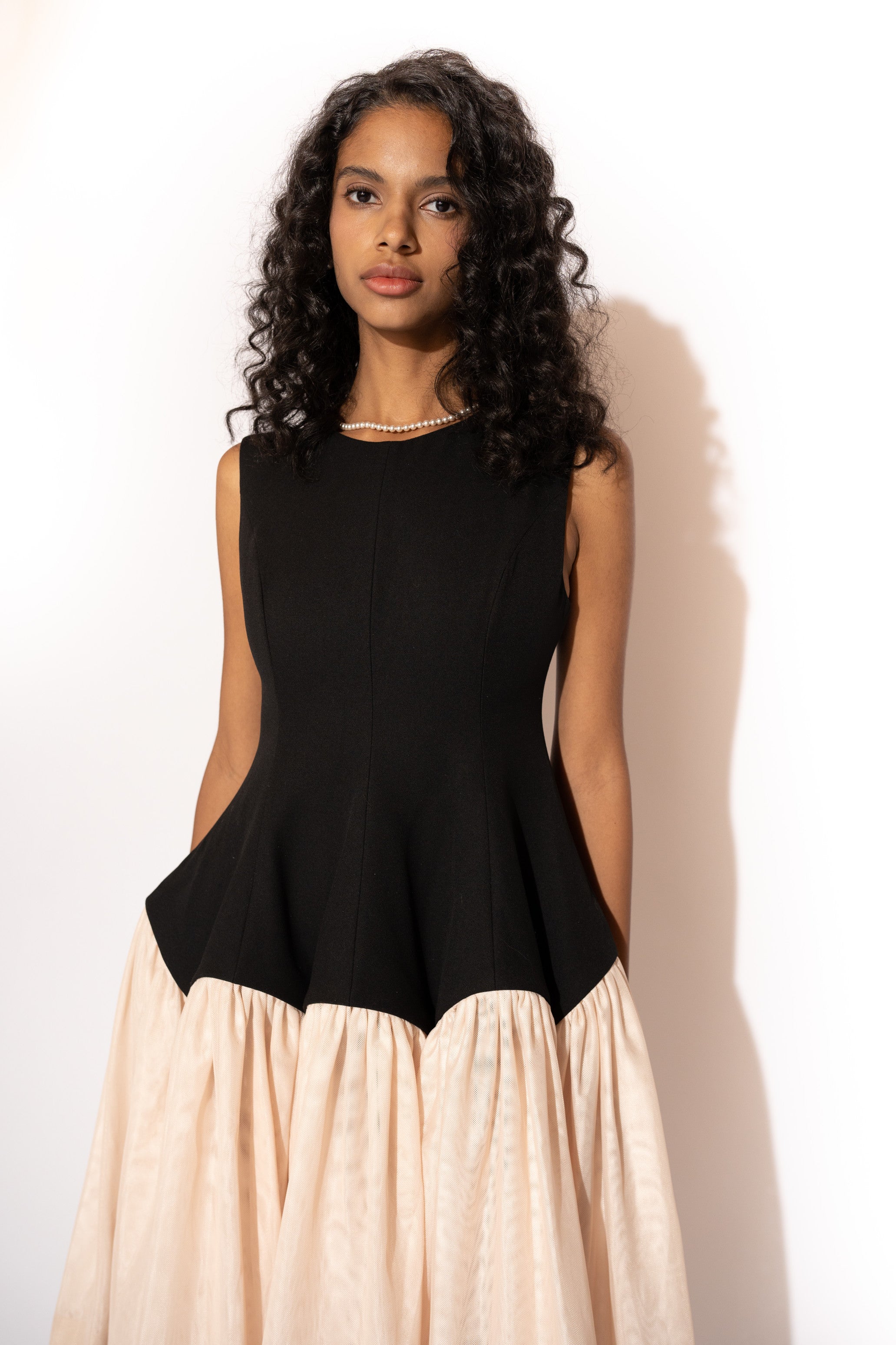 Two-Tone Long Maxi Dress with Double Layer Skirt – Black and Blush, Front View 2