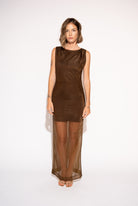 Front view with white background of Flowy Sheer Layered Maxi Dress with Dropped Hem – Bronze.
