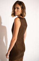 Back view of xFlowy Sheer Layered Maxi Dress with Dropped Hem – Bronze.