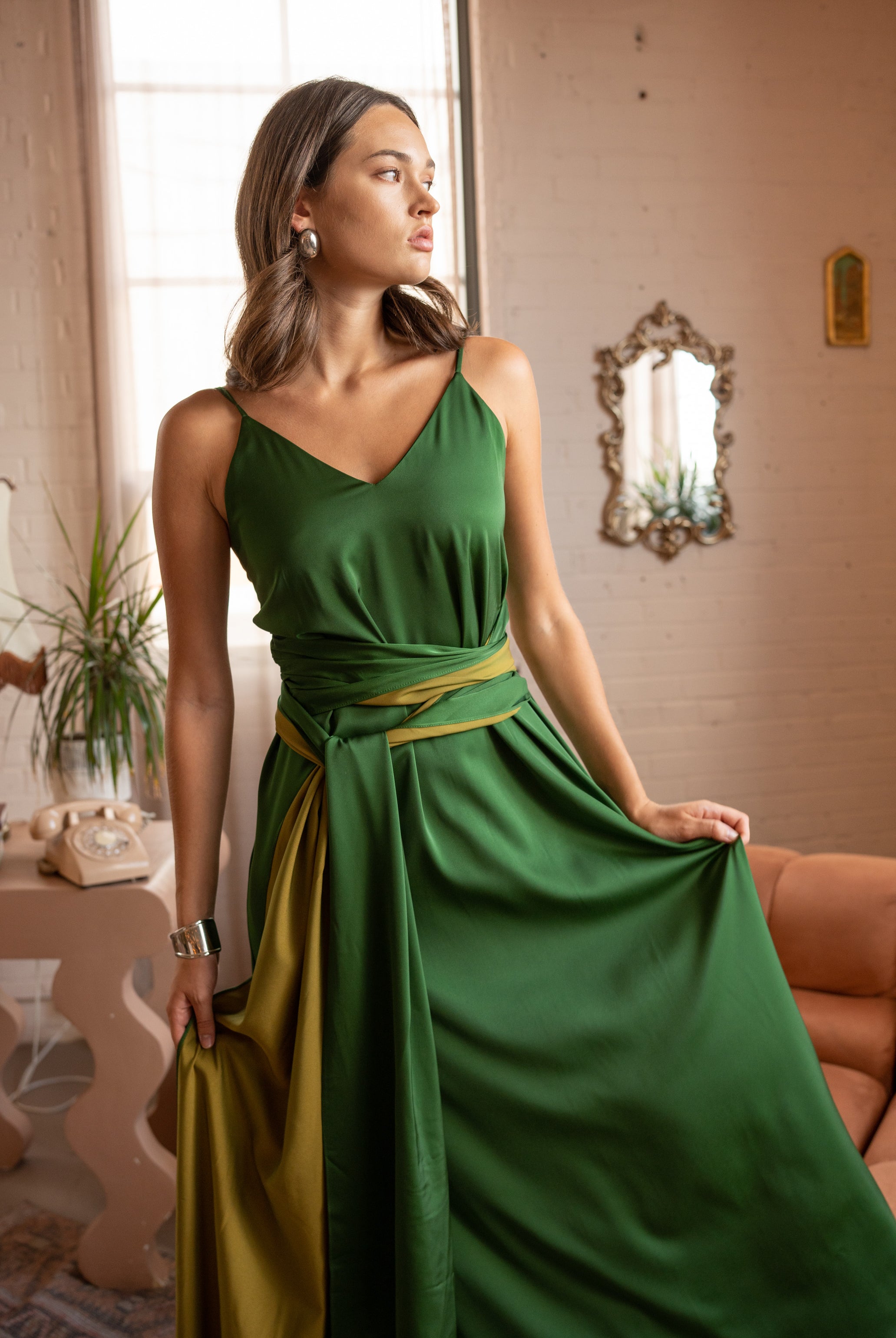 Two-Tone Matte Satin Wrap Maxi Dress – Green and Olive