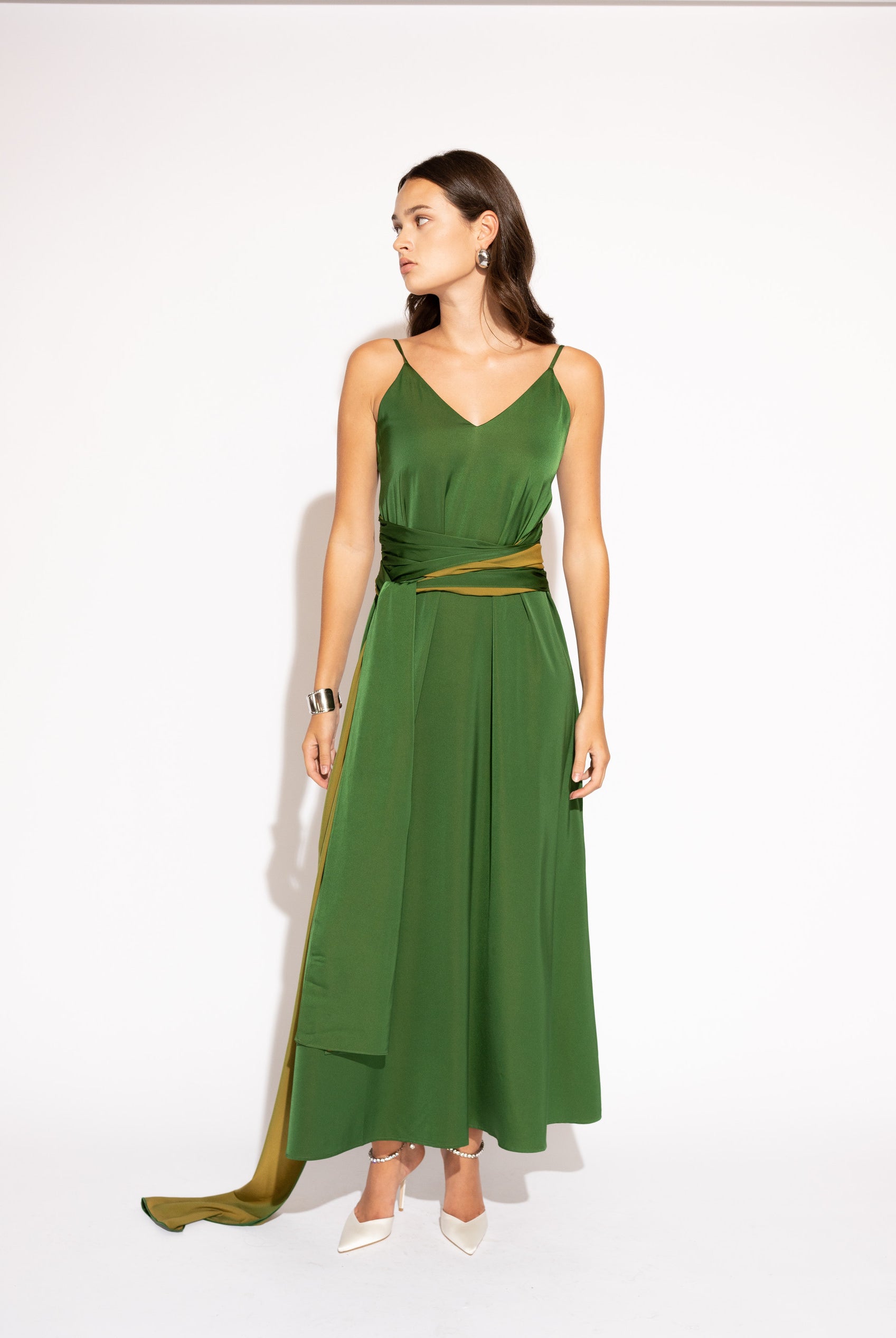Two-Tone Matte Satin Wrap Maxi Dress – Green and Olive, Front View 3