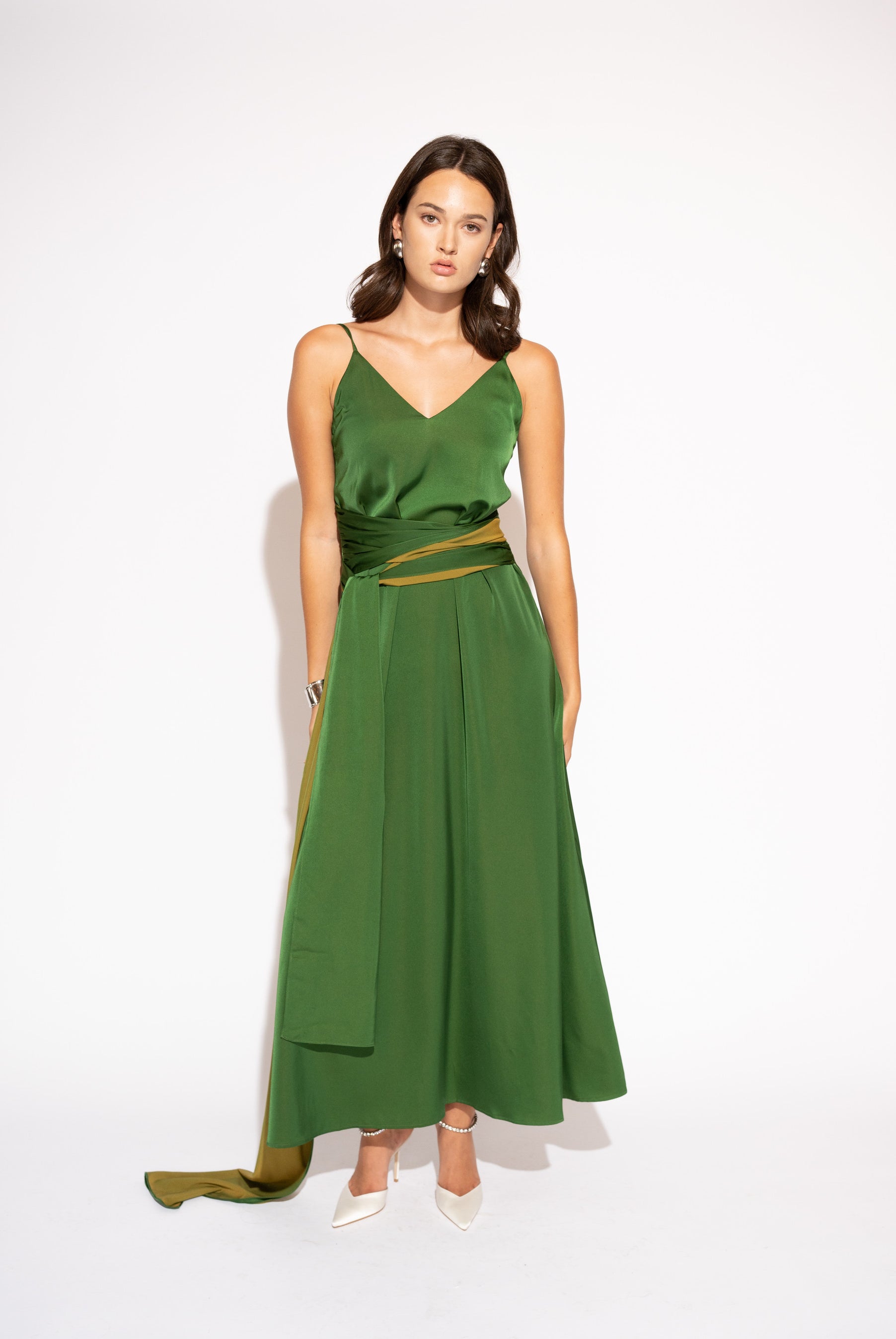 Two-Tone Matte Satin Wrap Maxi Dress – Green and Olive, Front View
