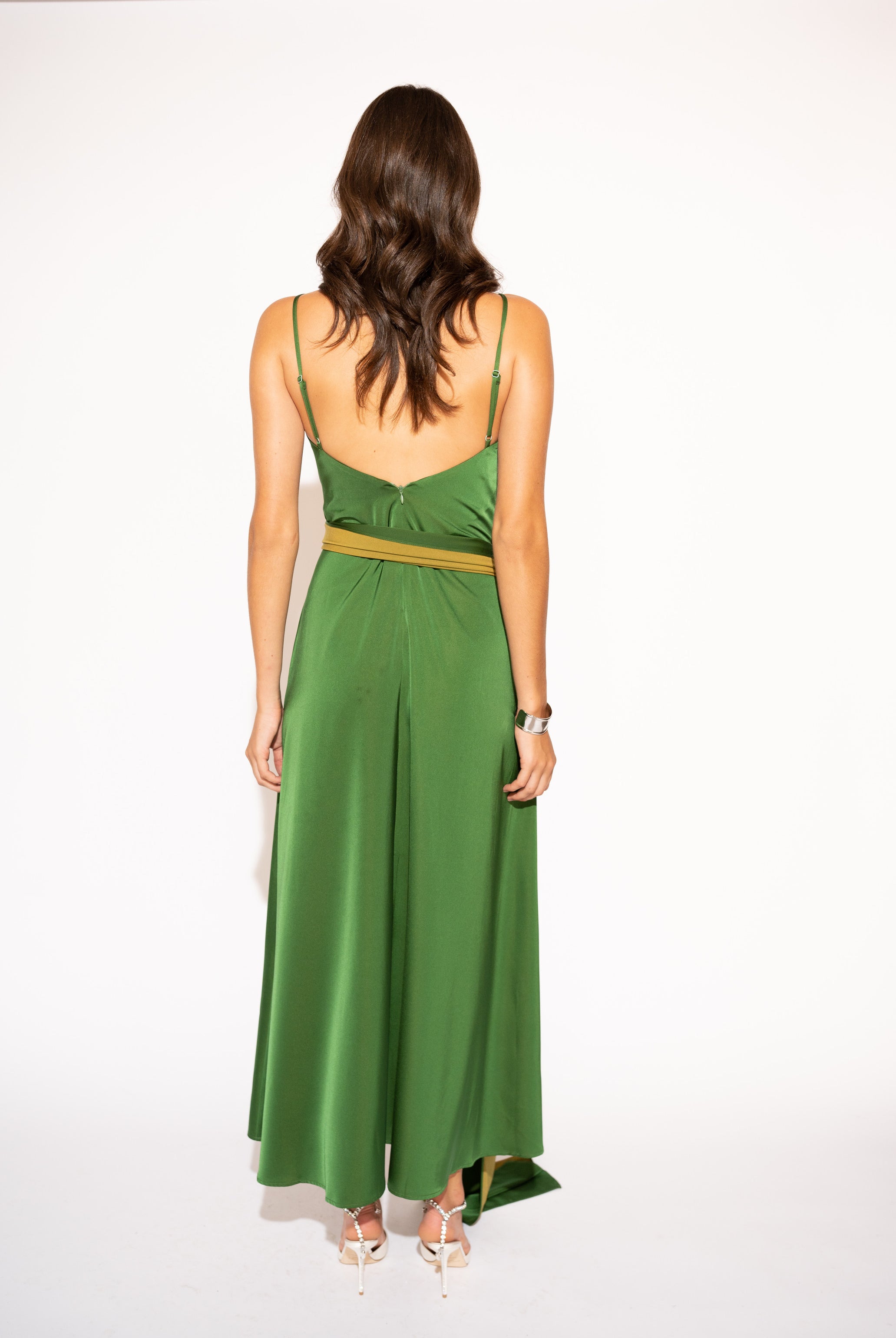Two-Tone Matte Satin Wrap Maxi Dress – Green and Olive, Back View