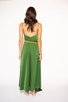 Two-Tone Matte Satin Wrap Maxi Dress – Green and Olive, Back View