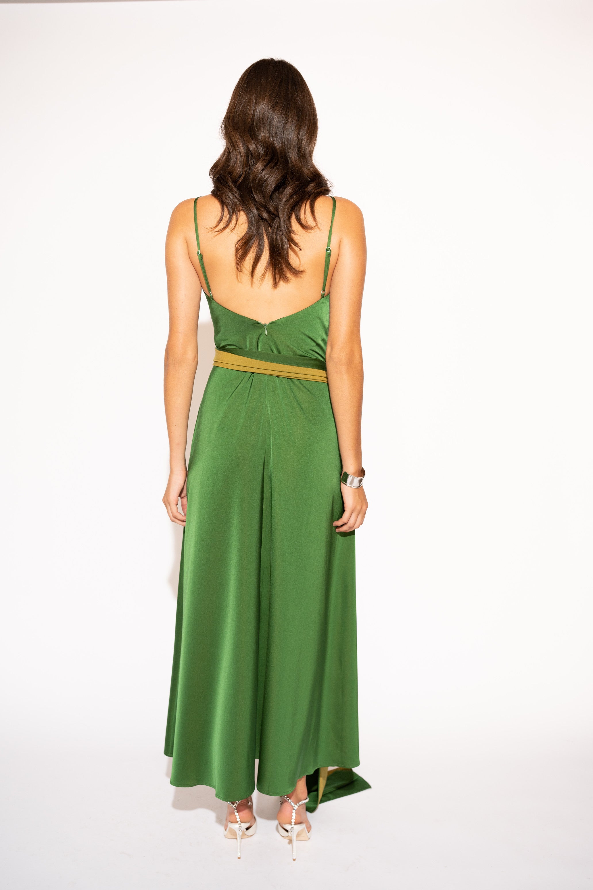 Two-Tone Matte Satin Wrap Maxi Dress – Green and Olive, Back View