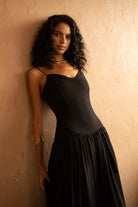 Pearl Chiffon Maxi Dress with Gathered Skirt – Black, Front View - Alt 2
