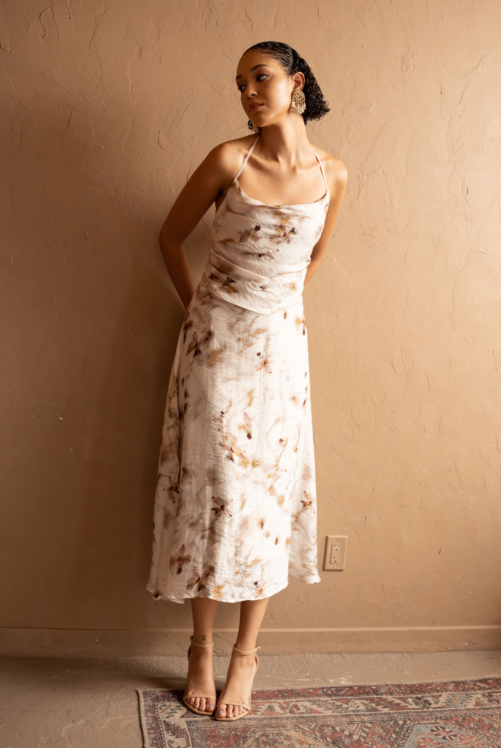 Front view of Floral Halter Midi Dress in Tencel – Ivory by Aisl.
